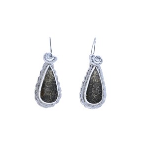 silver drop earrings with pear shaped fossilised coral