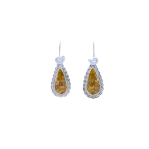 silver drop earrings with pear shaped fossilised coral