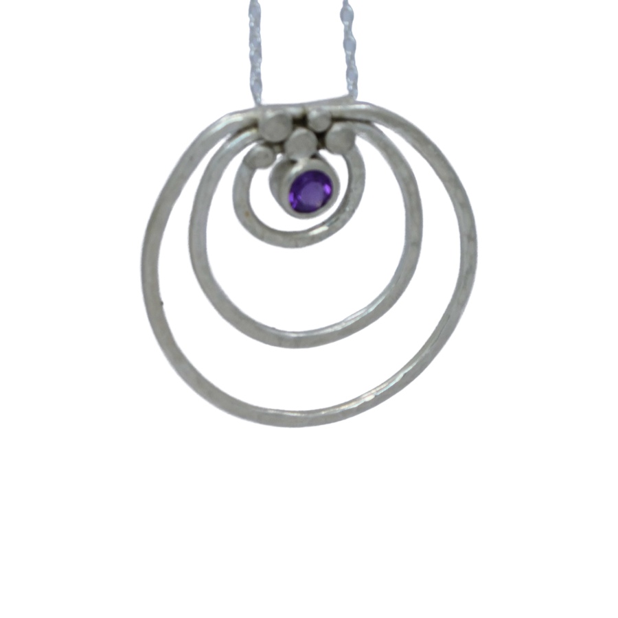 Ripple Silver argentium pendant with concentric circles and amethyst