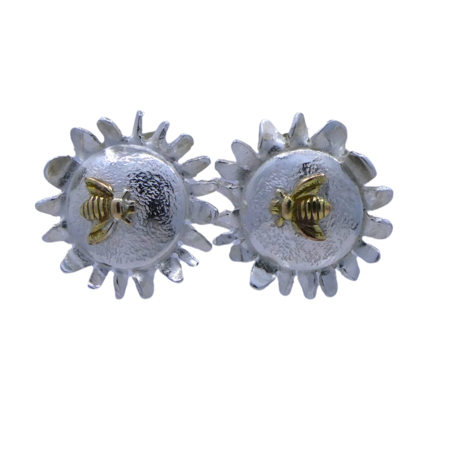 Sunflower stud earrings with gold bee